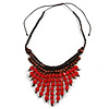 Statement Wood Cord Fringe Necklace  In Red and Brown - Adjustable