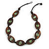 Statement Wood Oval Link with Green Ceramic Bead Black Cord Necklace - 60cm L