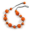 Orange Wood Bead Black Cotton Cord Necklace - 52cm Long