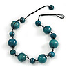 Teal Green Wood Bead Black Cotton Cord Necklace - 52cm Long