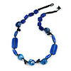 Blue Ceramic, Glass, Wood and Resin Beads Black Cord Necklace - 55cm L