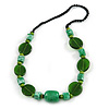 Statement Ceramic/ Wood/ Resin Bead Black Cotton Cord Necklace (Green) - 70cm L