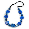 Chunky Resin and Ceramic Bead Black Cotton Cord Necklce in Blue - 66cm L
