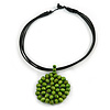 Black Rubber Cord Necklace with Lime Green Wood Bead Medallion Pendant - 50cm L