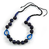 Signature Wood, Ceramic, Acrylic Bead Black Cord Necklace (Dark Blue) - 72cm L (Adjustable)