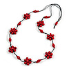 Stunning Red Wood Flower Black Cotton Cord Long Necklace - 90cm L