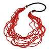 Statement Multistrand Bright Red Glass Bead, Brown Wood Bead Necklace - 110cm L