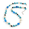 Glass, Resin, Faux Pearl Bead Necklace with Silver Tone Closure (Blue/ Cream/ Black) - 66cm L/ 5cm Ext