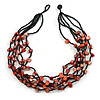 Burnt Orange Shell and Black Glass Beads Multistrand Necklace - 48cm Long