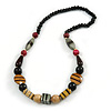 Chunky Geometric Wooden Bead Necklace (Black, Brown, Red) - 70cm L