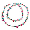 Long Teal, Magenta Shell/ Light Beige Glass Crystal Bead Necklace - 115cm L