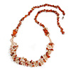 Statement Long Multistrand Champagne Glass Beads and Burnt Orange Semiprecious Nuggets Necklace - 90cm L