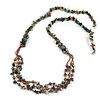 Statement Long Multistrand Purple Glass Beads and Green Malachite Semiprecious Nuggets Necklace - 90cm L