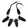 Statement Chunky Black Wood Bead and Silver Ball Cotton Cord Necklace - 51cm L/ 5cm Ext