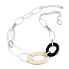 Stylish Chunky Oval Link Necklace in Silver Tone Metal (Cream/ Black) - 48cm L/ 5cm Ext