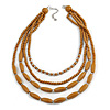 Light Brown Mulstistrand Layered Wood and Glass Bead Necklace - 80cm L/ 7cm Ext