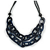 Trendy Dark Blue with Marble Effect Acrylic Large Oval Link Black Cord Necklace - 60cm L/ 5cm Ext