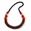 Chunky Ball and Button Wood Bead Necklace in Brown/ Red/ Orange/ Black - 70cm Long