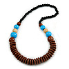 Chunky Ball and Button Wood Bead Necklace in Brown/ Light Blue/ Natural/ Black - 70cm Long