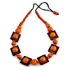 Chunky Square and Round Wood Bead Cotton Cord Necklace (Orange/ Brown) - 74cm L