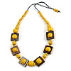 Chunky Square and Round Wood Bead Cotton Cord Necklace (Yellow/ Brown) - 74cm L