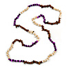 Purple/ Natural/ Brown Wood and Semiprecious Stone Long Necklace - 96cm Long