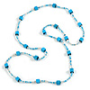 Long Wood Cube and Small Glass Bead Necklace (Light Blue/ Teal/ Transparent/ White) - 124cm Long
