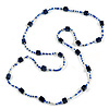Long Wood Cube and Small Glass Bead Necklace (Dark Blue/ Transparent/ White) - 124cm Long
