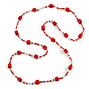 Long Wood Cube and Small Glass Bead Necklace (Red/ Transparent/ White) - 124cm Long
