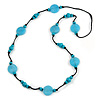 Long Light Blue/ Turquoise Wood and Resin Bead Black Cord Necklace - 100cm Long