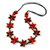 Orange/ Brown Wood Flower Black Cotton Cord Necklace - 68cm Long