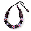 Purple/ Lavender Ball and Button Wood Bead Black Cotton Cord Necklace - 66cm Long