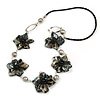 Black Sea Shell Floral Faux Leather Cord Necklace - 74cm Long