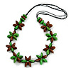 Green/ Brown Wood Flower Black Cotton Cord Necklace - 68cm Long