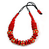 Red Ball and Button Wood Bead Black Cotton Cord Necklace - 66cm Long