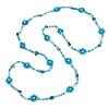 Long Light Blue/ White/ Transparent Glass Bead Shell Nugget Floral Necklace - 132cm Length