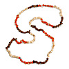 Orange/ Natural/ Brown Wood and Semiprecious Stone Long Necklace - 96cm Long