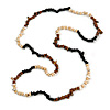 Black/ Natural/ Brown Wood and Semiprecious Stone Long Necklace - 96cm Long