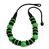 Chunky Grass Green/ Black Round and Button Wood Bead Cotton Cord Necklace - 66cm Long