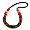 Chunky Ball and Button Wood Bead Necklace in Brown/ Red/ Natural/ Black - 70cm Long