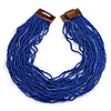 Statement Multistrand Cobalt Blue Glass Bead Necklace with Wood Closure - 60cm Long