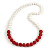 Long Graduated Cherry Red/ White Resin Bead Necklace - 78cm L