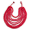 Multistrand Layered Bib Style Wood Bead Necklace In Deep Pink - 40cm Shortest/ 70cm Longest Strand