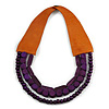 Handmade Multistrand Wood Bead and Leather Bib Style Necklace in Deep Purple - 64cm Long