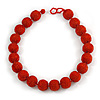 Chunky Fire Red Glass Bead Ball Necklace - 54cm Long