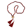 Long Burgundy Red Agate Semiprecious Bead with Glass Heart Pendant/ Silk Tassel Necklace - 80cm L/ 11cm Tassel