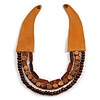 Handmade Multistrand Wood Bead and Leather Bib Style Necklace in Brown - 64cm Long