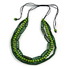 3 Strand Layered Wood Bead Cord Necklace In Green - 44cm up to 56cm Adjustable