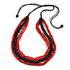3 Strand Layered Wood Bead Cord Necklace In Red/ Black - 44cm up to 56cm Adjustable
