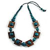 Chunky Square and Round Wood Bead Cotton Cord Necklace ( Teal/ Brown) - 78cm L